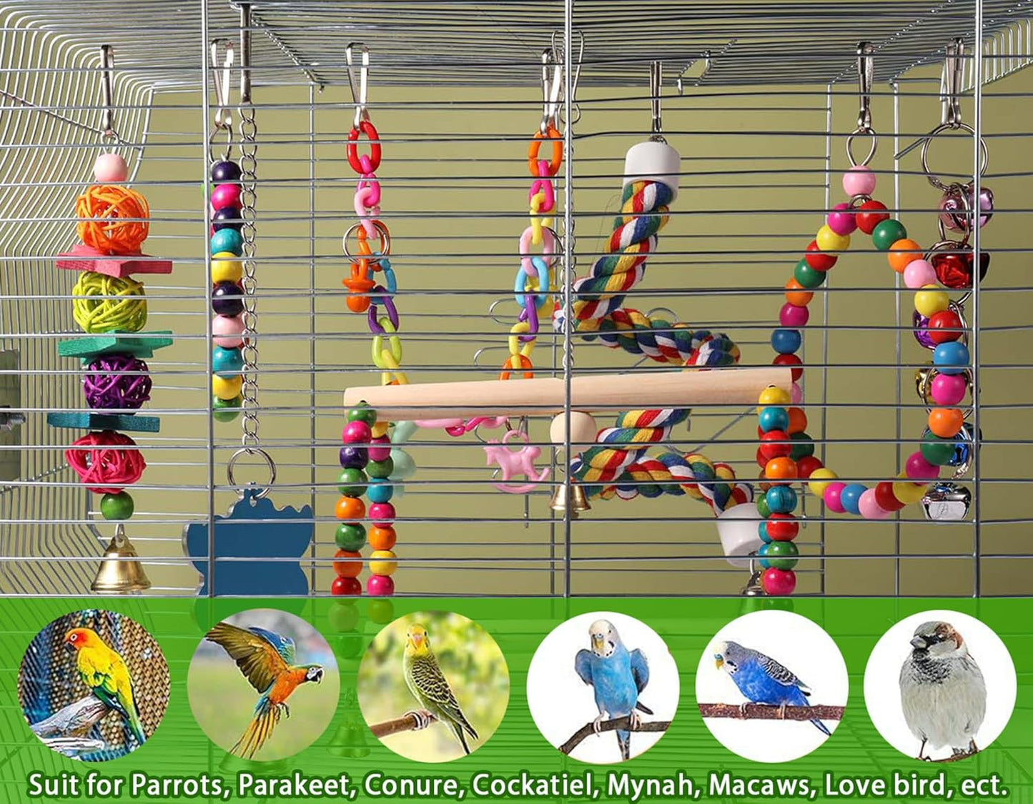 8 Pcs Bird Cage Toys, Parrot Swing, Chewing & Climbing Toys for Small Conures, Love Birds, Finches, Budgie