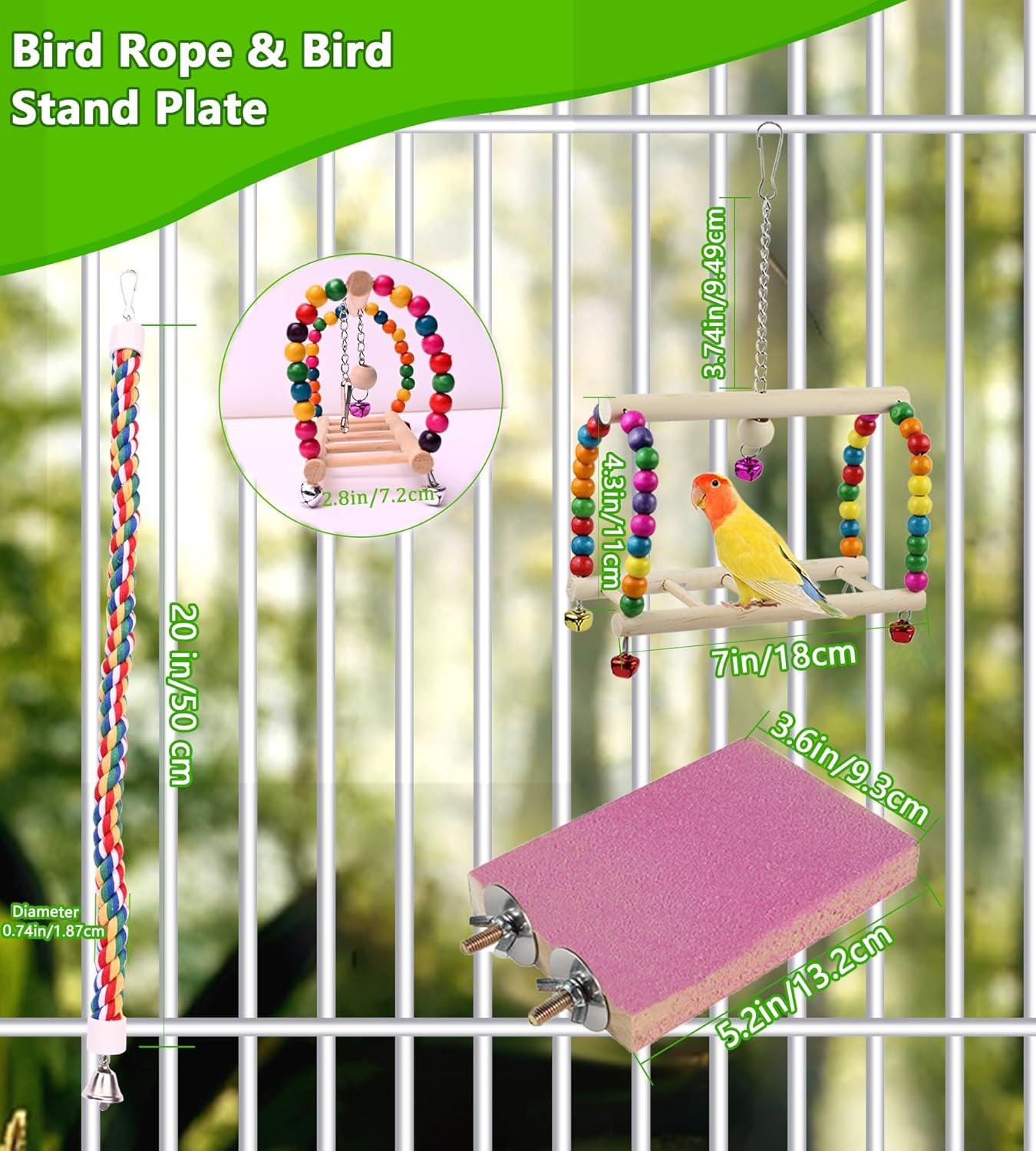 8 Pcs Bird Cage Toys, Parrot Swing, Chewing & Climbing Toys for Small Conures, Love Birds, Finches, Budgie