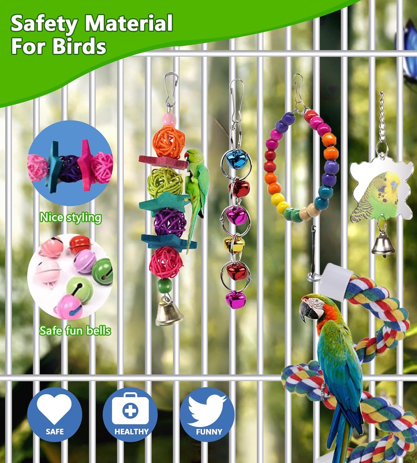 8 Pcs Bird Cage Toys, Parrot Swing, Chewing & Climbing Toys for Small Conures, Love Birds, Finches, Budgie