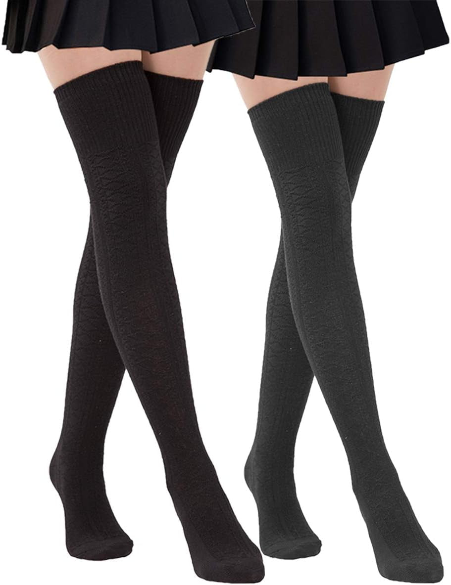 Women Thigh High Socks Extra Long Cotton Knit Warm Winter over the Knee Long Boot Stockings Black (2 Pairs (1 Black+1 Dgrey))…