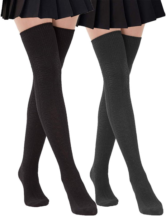 Women Thigh High Socks Extra Long Cotton Knit Warm Winter over the Knee Long Boot Stockings Black (2 Pairs (1 Black+1 Dgrey))…
