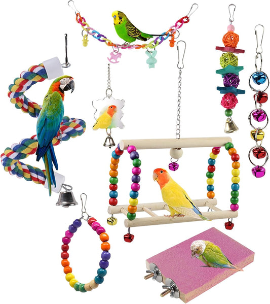 8 Pcs Bird Cage Toys, Parrot Swing, Chewing & Climbing Toys for Small Conures, Love Birds, Finches, Budgie