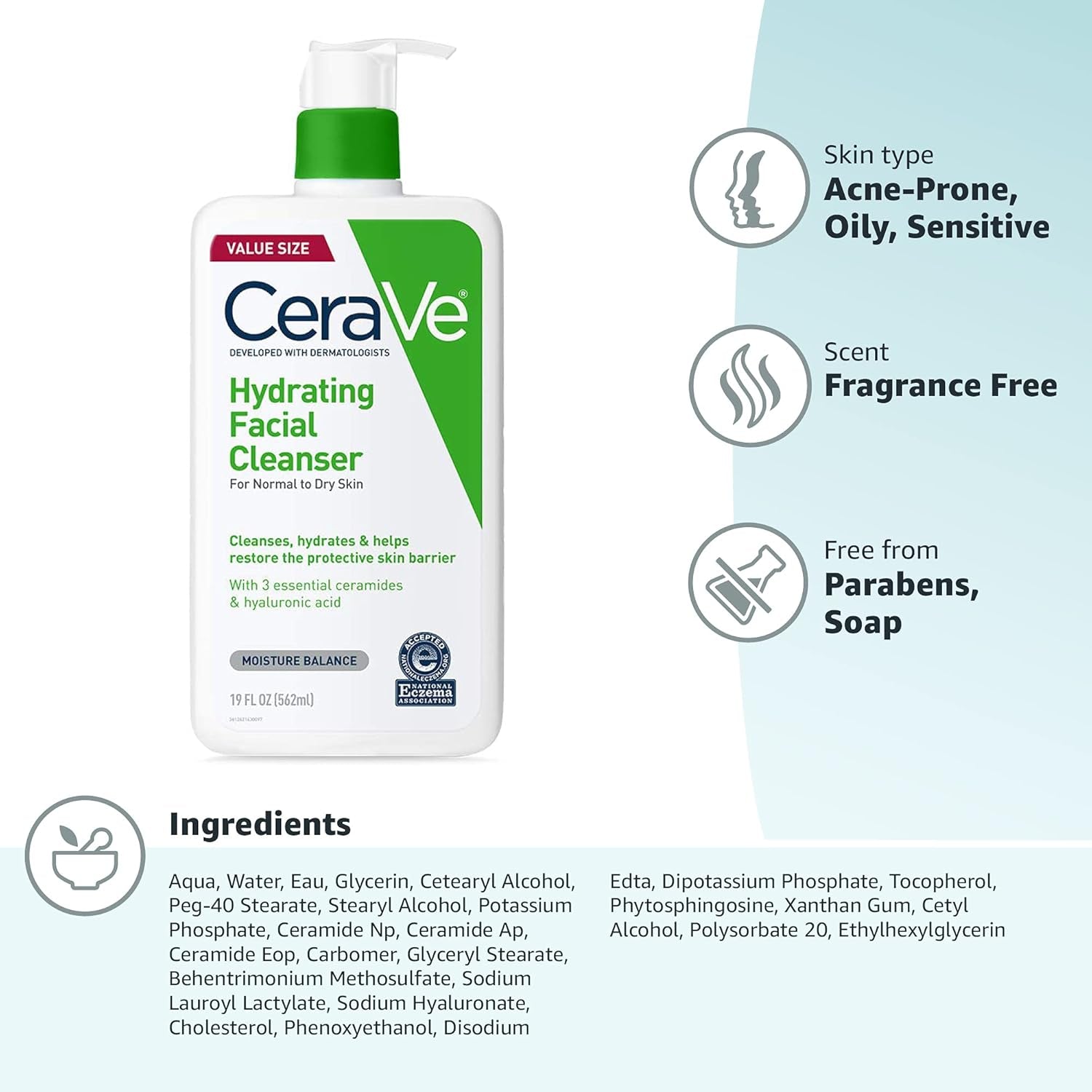 Hydrating Facial Cleanser, Moisturizing Face Wash for Dry Skin, Hyaluronic Acid + Ceramides + Glycerin, Hydrating Cleanser for Normal to Dry Skin, National Eczema Association Certified