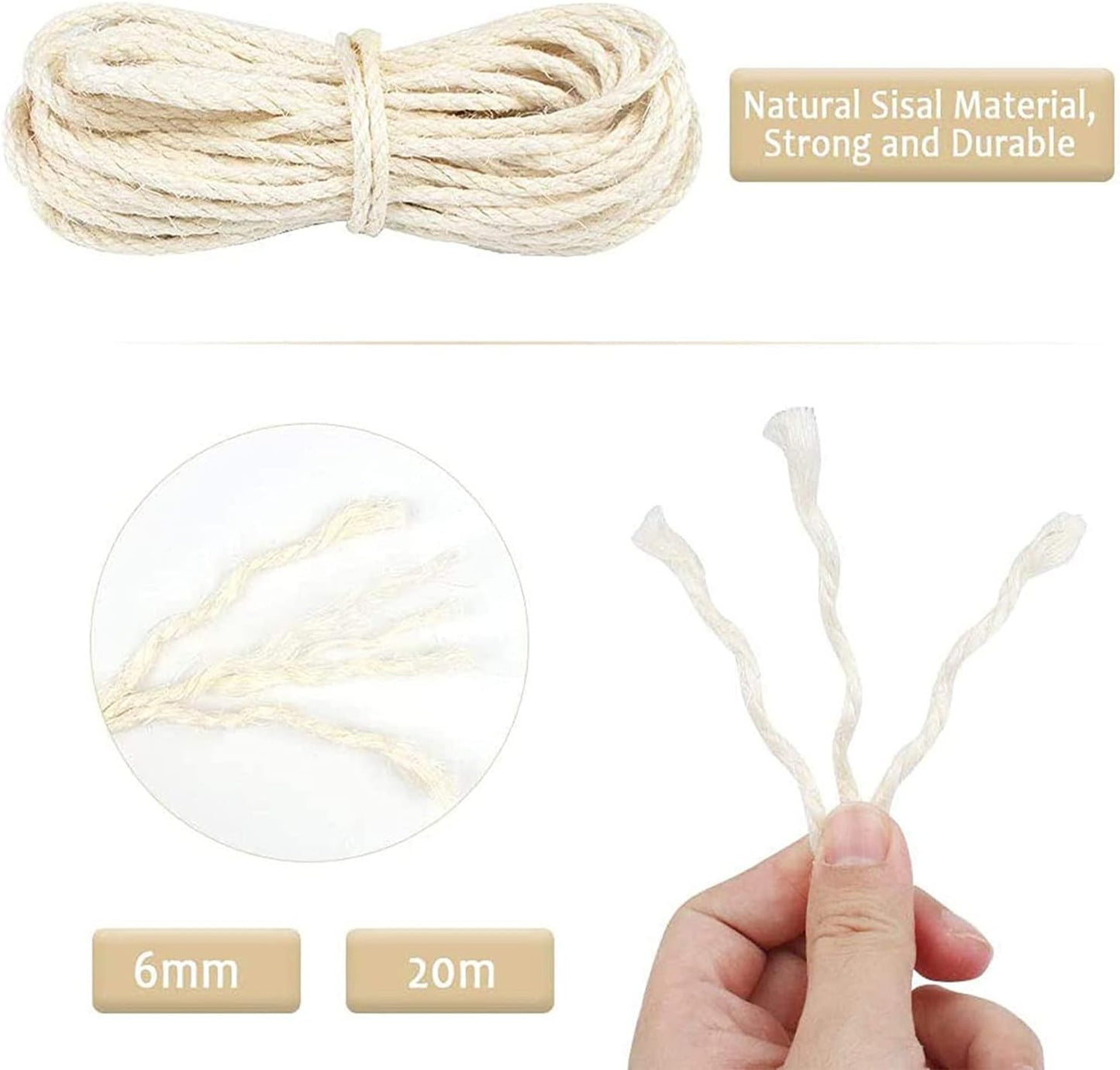 Cat Natural Sisal Rope for Scratching Post Replacement, Hemp Rope for Repairing, Recovering or DIY Scratcher, 6Mm Diameter